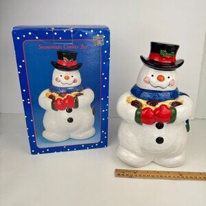Vtg 90s Snowman Holding‎ Cookies Cookie Jar w Lid Storage Orig Box Crazing READ